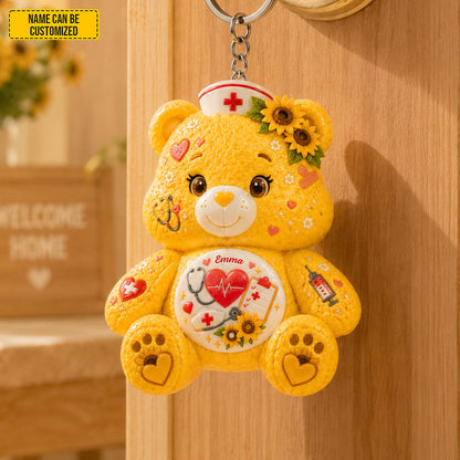 Personalized Nurse Bear Sunflower Charm Keychain