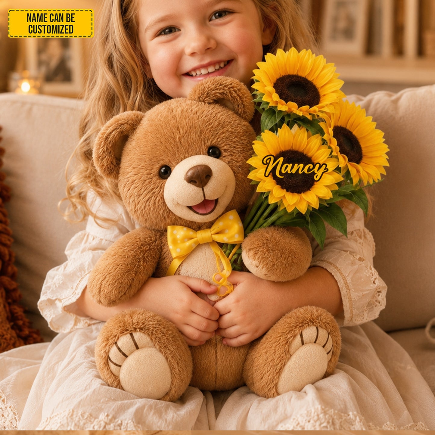 Personalized Bear with Sunflowers Custom Shaped Pillow