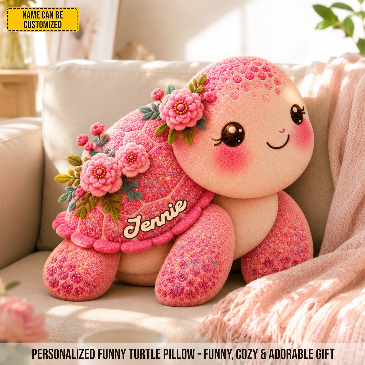 Blooming Turtle – Personalized Cute Pink Turtle Custom Shaped Pillow