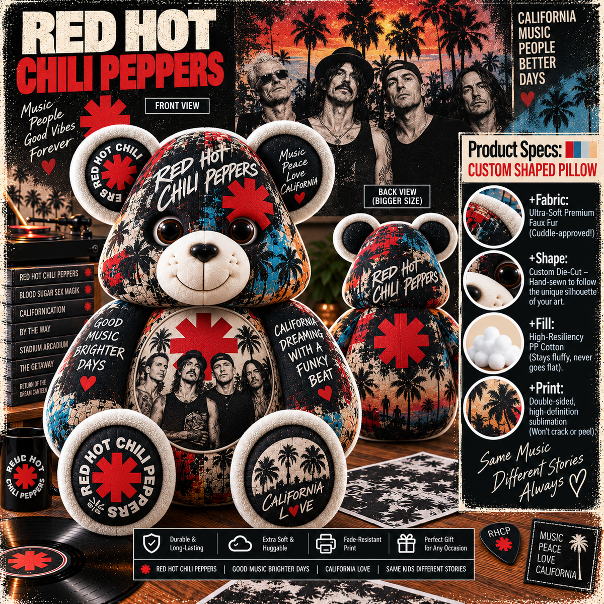 Red Hot Chili Peppers Custom Shaped Bear Pillow – Alternative Rock Music Inspired Gift for Fans