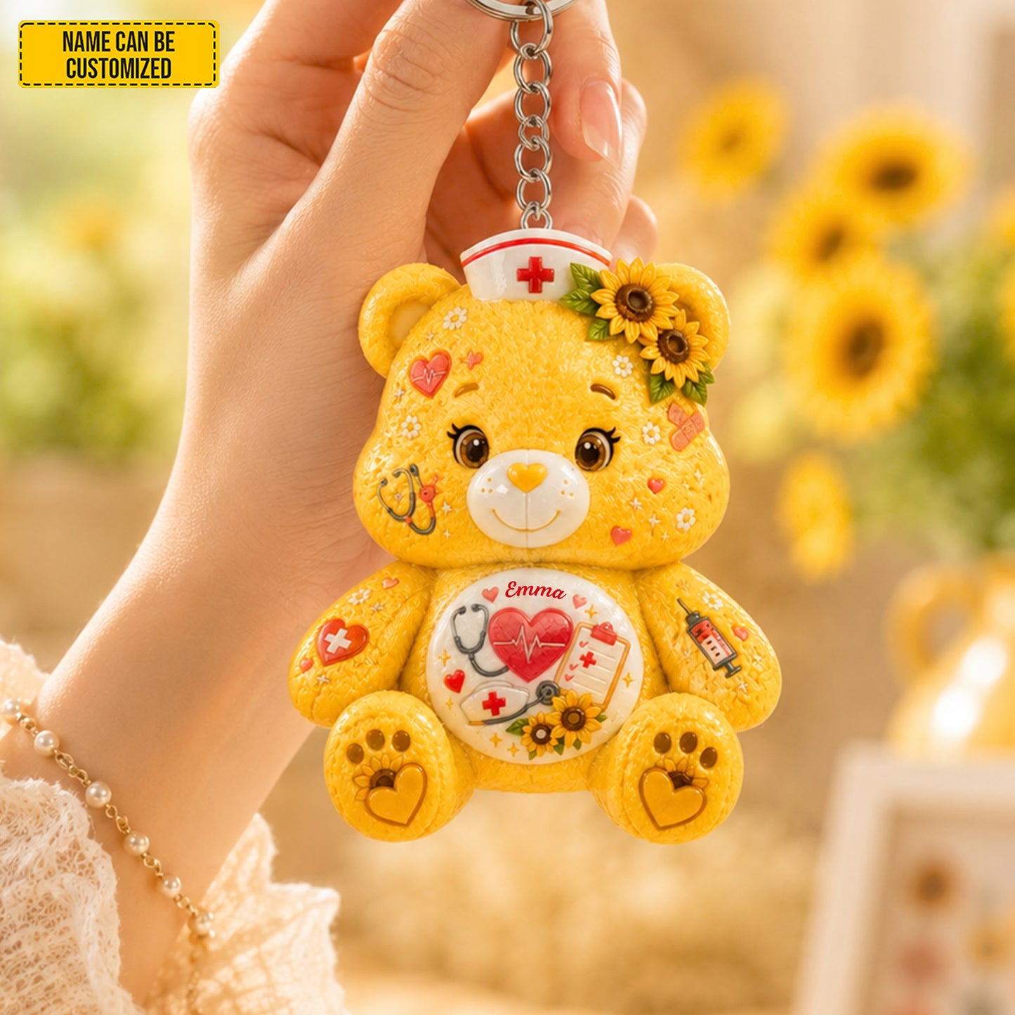 Personalized Nurse Bear Sunflower Charm Keychain
