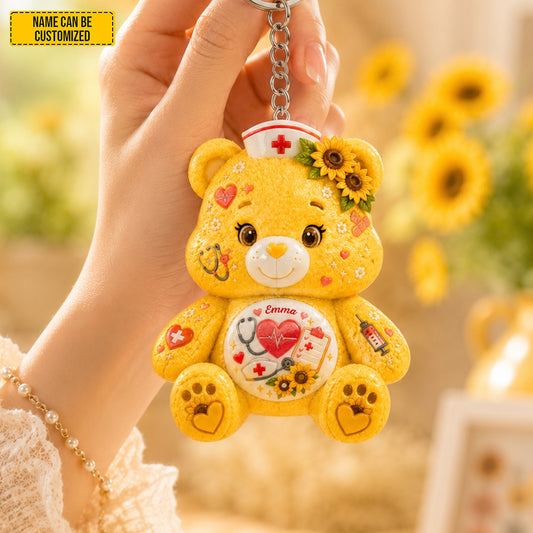 Personalized Nurse Bear Sunflower Charm Keychain
