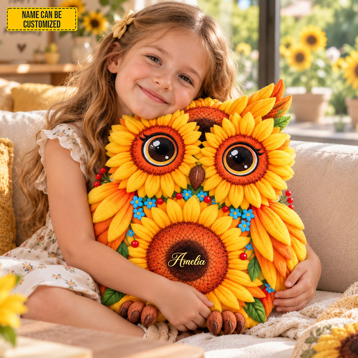 Personalized Sunflower Owl Pillow – Custom Name Gift
