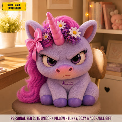 Miss Grumpy Sparkle – Personalized Angry Unicorn Custom Shaped Pillow