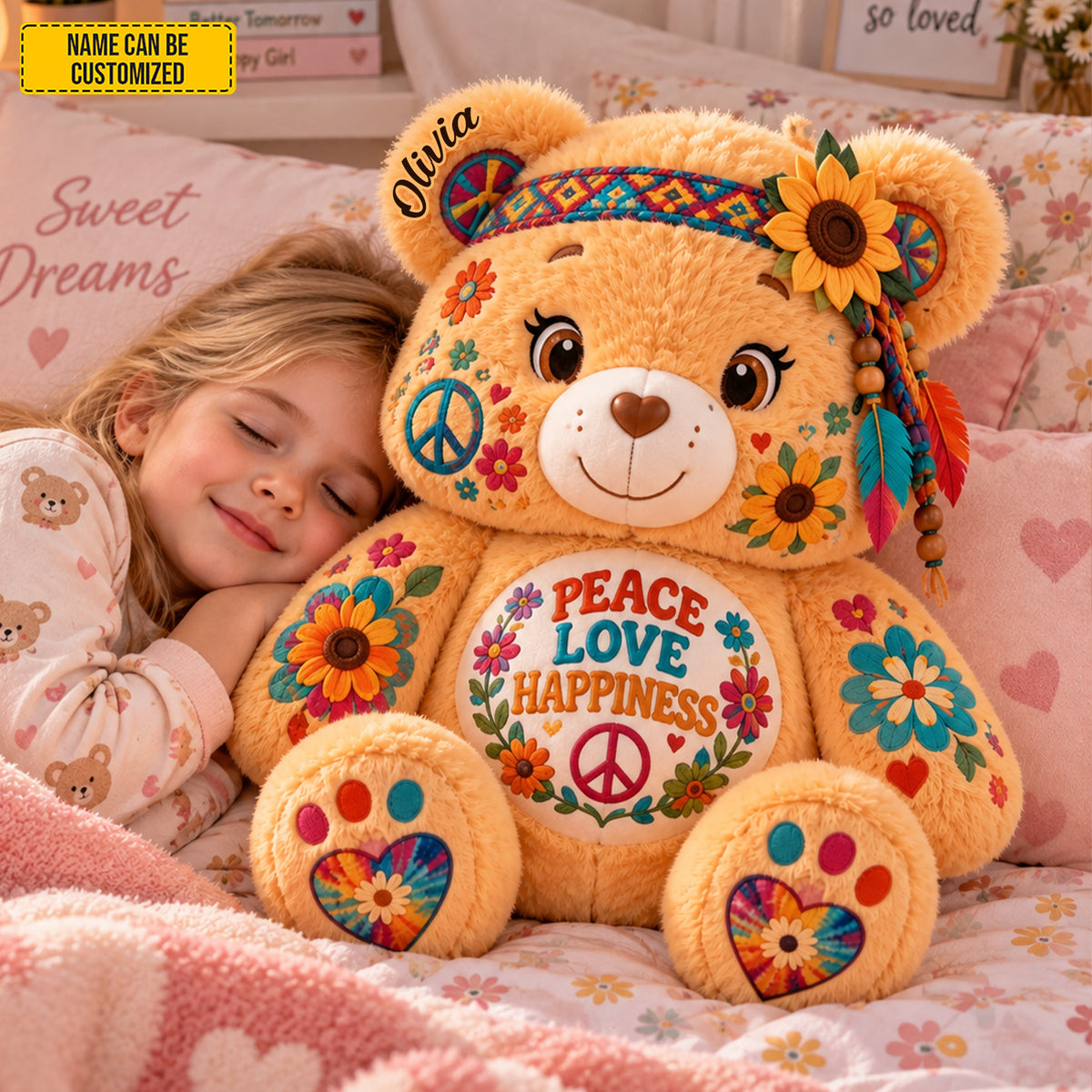 Peace Love Happiness - Personalized Bear Pillow
