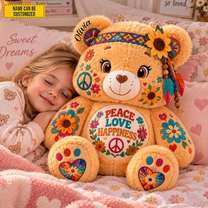 Peace Love Happiness - Personalized Bear Pillow
