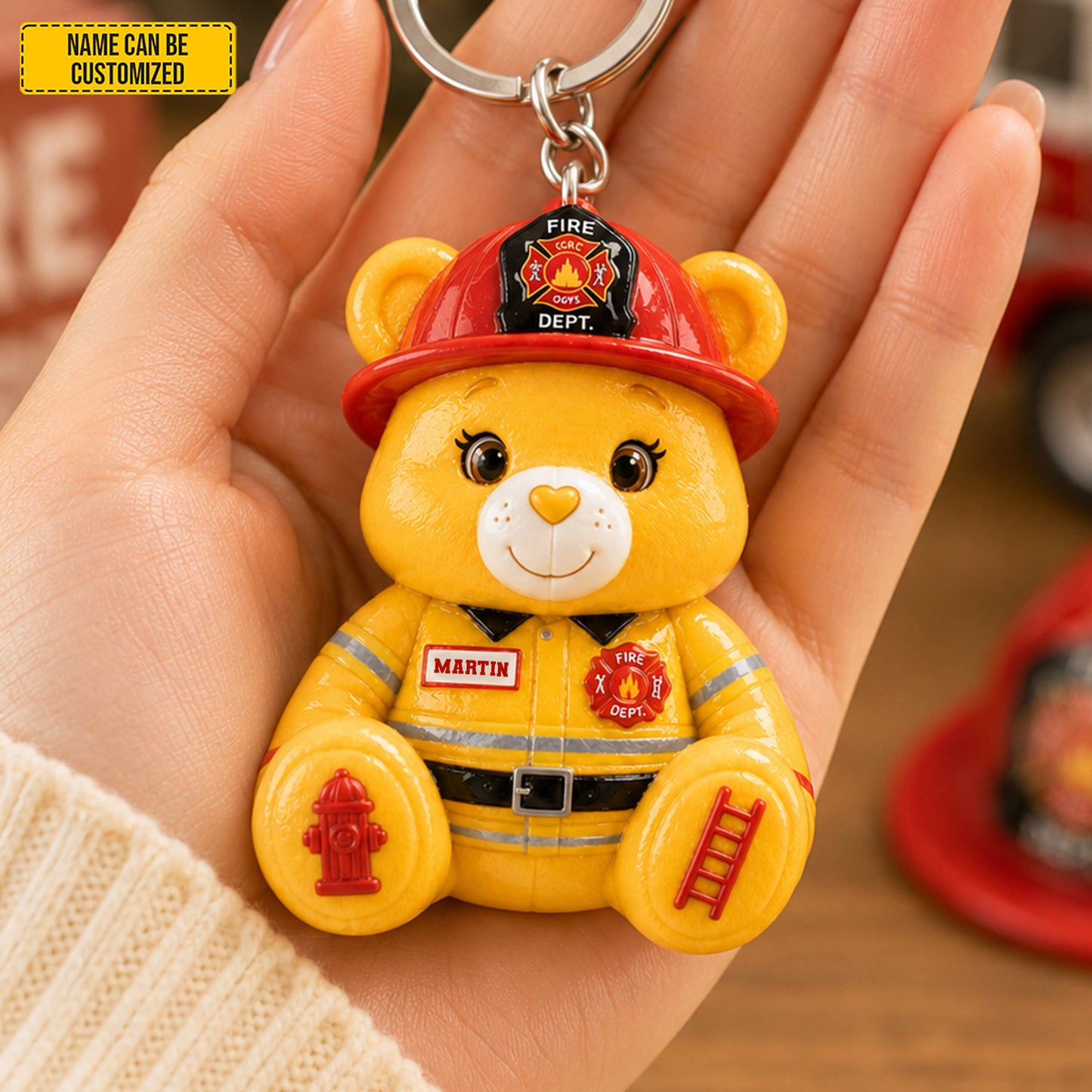 Personalized Firefighter Bear Sunflower Charm Keychain