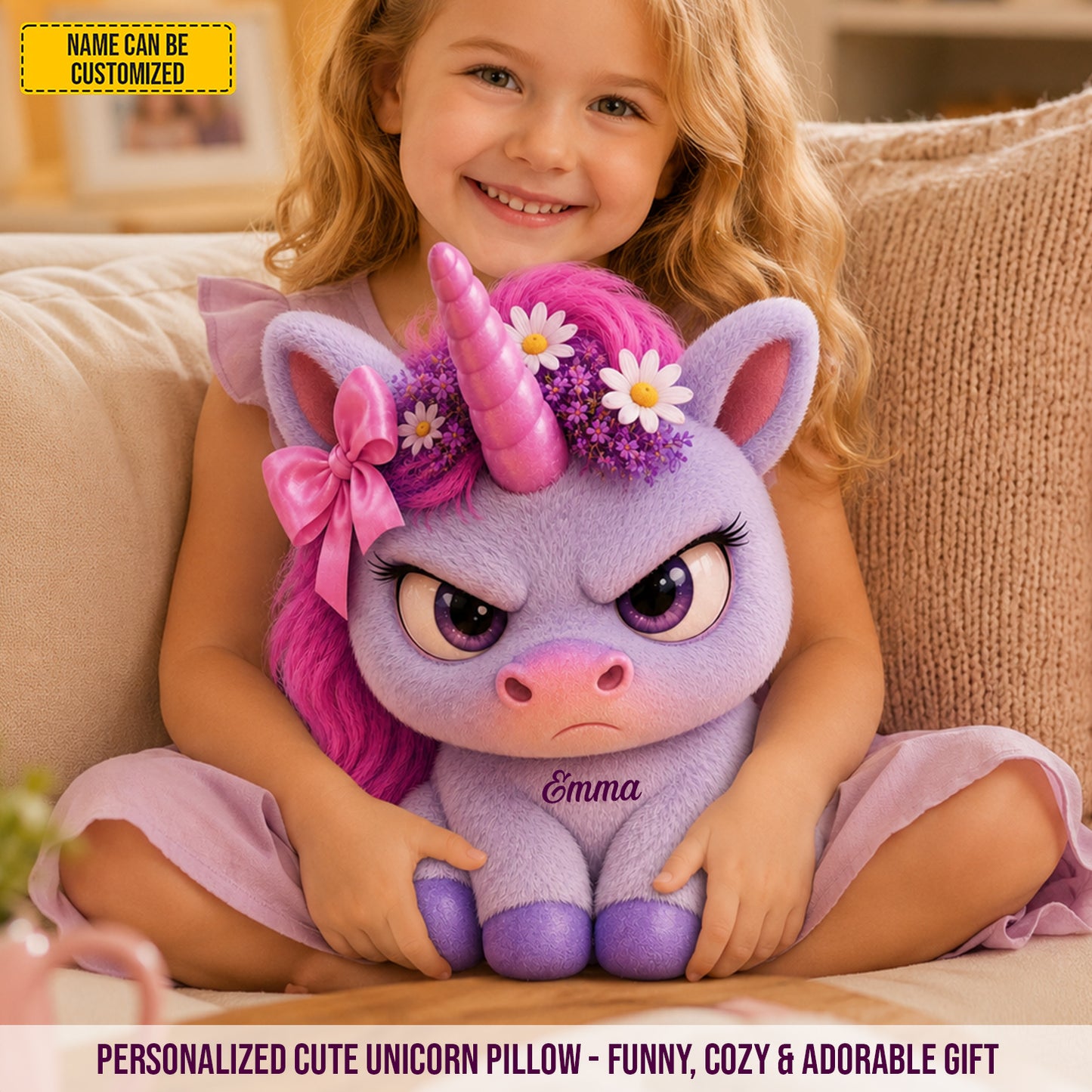 Miss Grumpy Sparkle – Personalized Angry Unicorn Custom Shaped Pillow