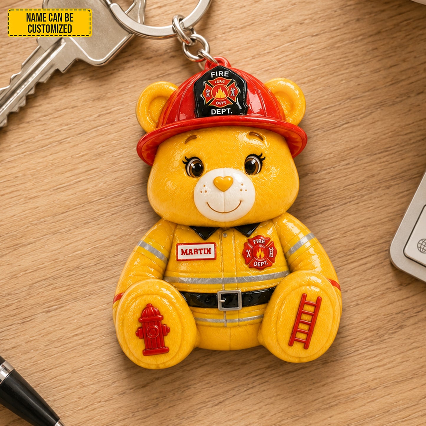 Personalized Firefighter Bear Sunflower Charm Keychain