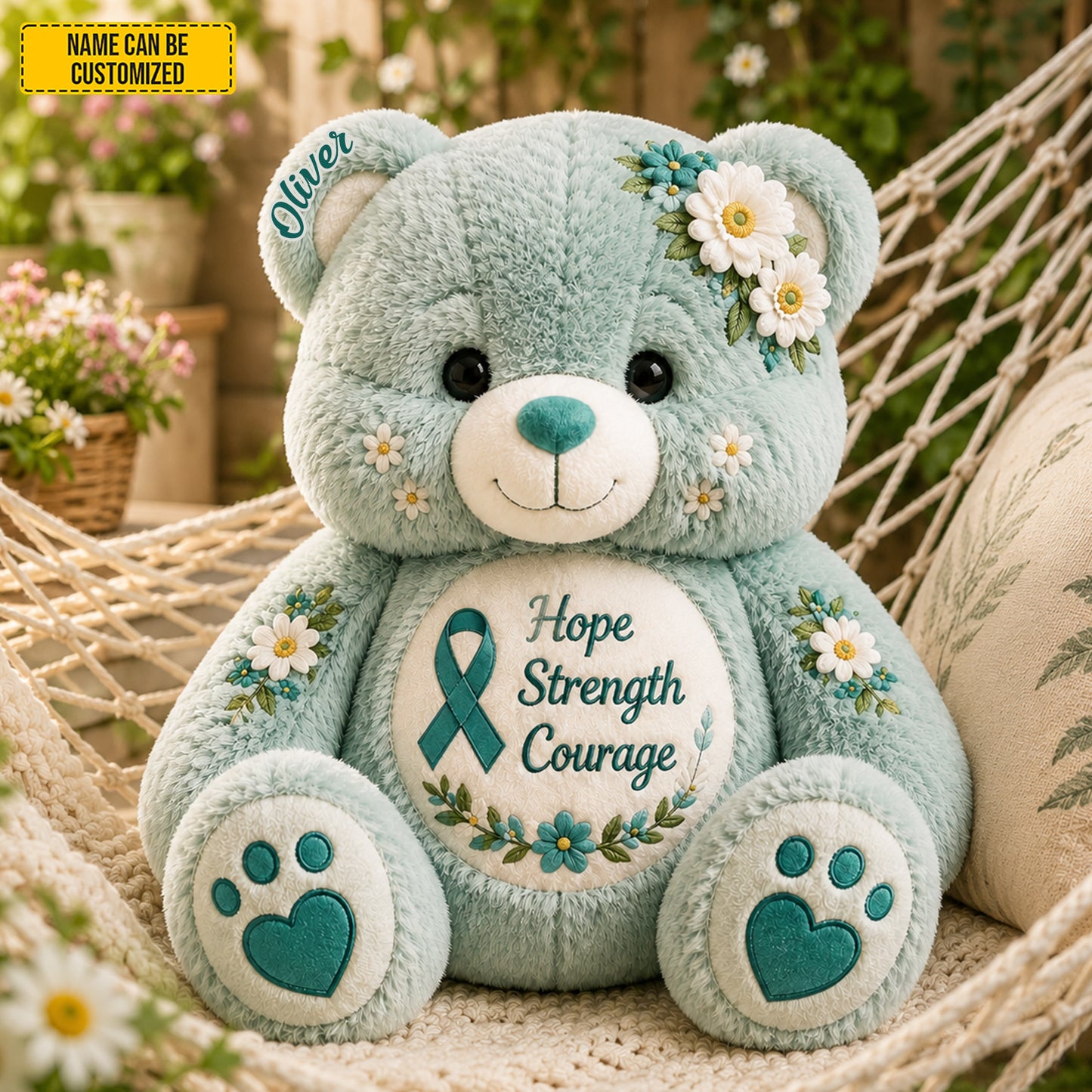 Personalized Ovarian Cancer Bear Pillow