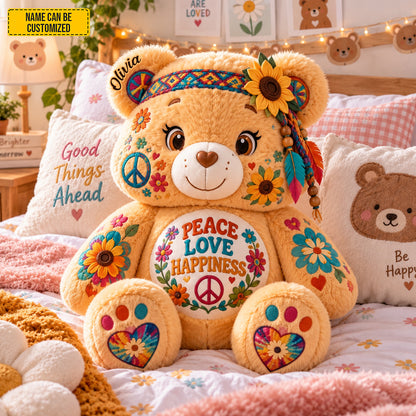 Peace Love Happiness - Personalized Bear Pillow