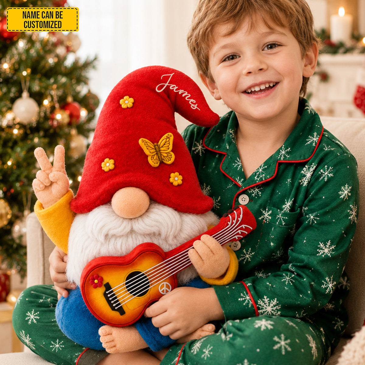 Personalized Peace, Love & Music Gnome Custom Shaped Pillow