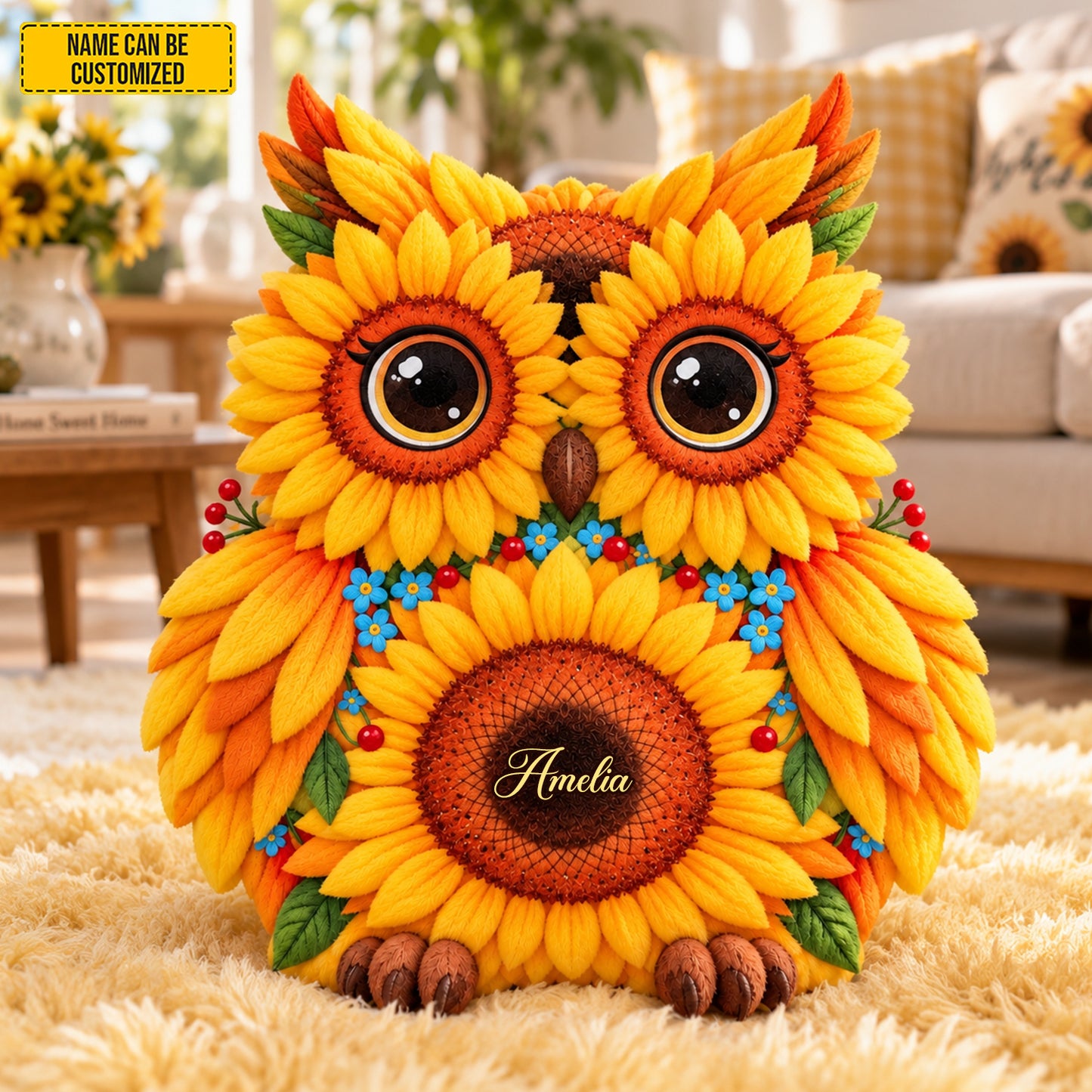 Personalized Sunflower Owl Pillow – Custom Name Gift