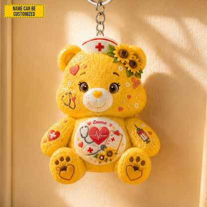 Personalized Nurse Bear Sunflower Charm Keychain