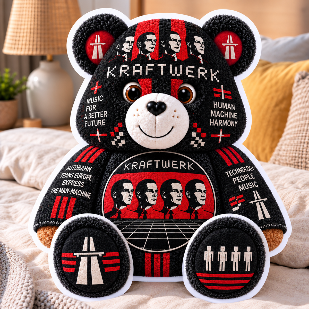 Kraftwerk Custom Shaped Bear Pillow – Electronic Music & Synth-Pop Inspired Gift for Kraftwerk Fans
