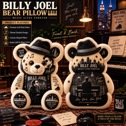 Billy Joel Piano Man Bear Custom Shaped Pillow – Music Legend Fan Gift, Classic Rock Collectible