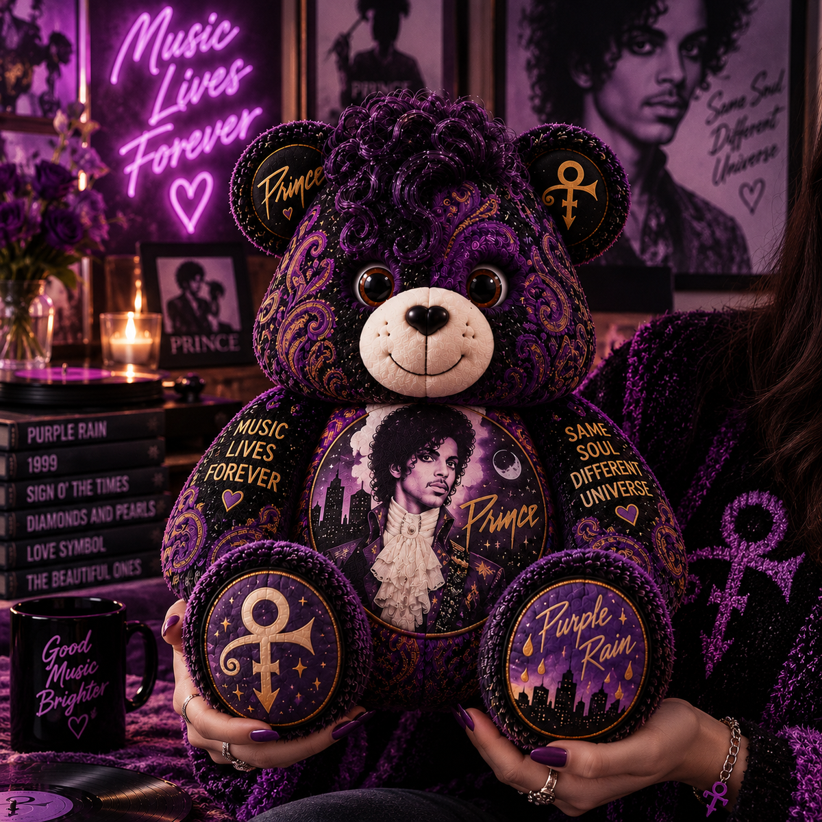 Prince Bear Custom Shaped Pillow – Purple Rain Music Fan Gift
