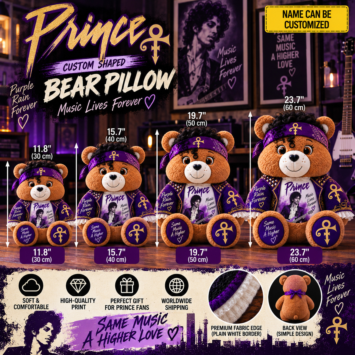 Prince Custom Shaped Bear Pillow – Purple Rain Inspired Gift for Prince Fans