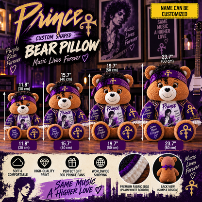 Prince Custom Shaped Bear Pillow – Purple Rain Inspired Gift for Prince Fans