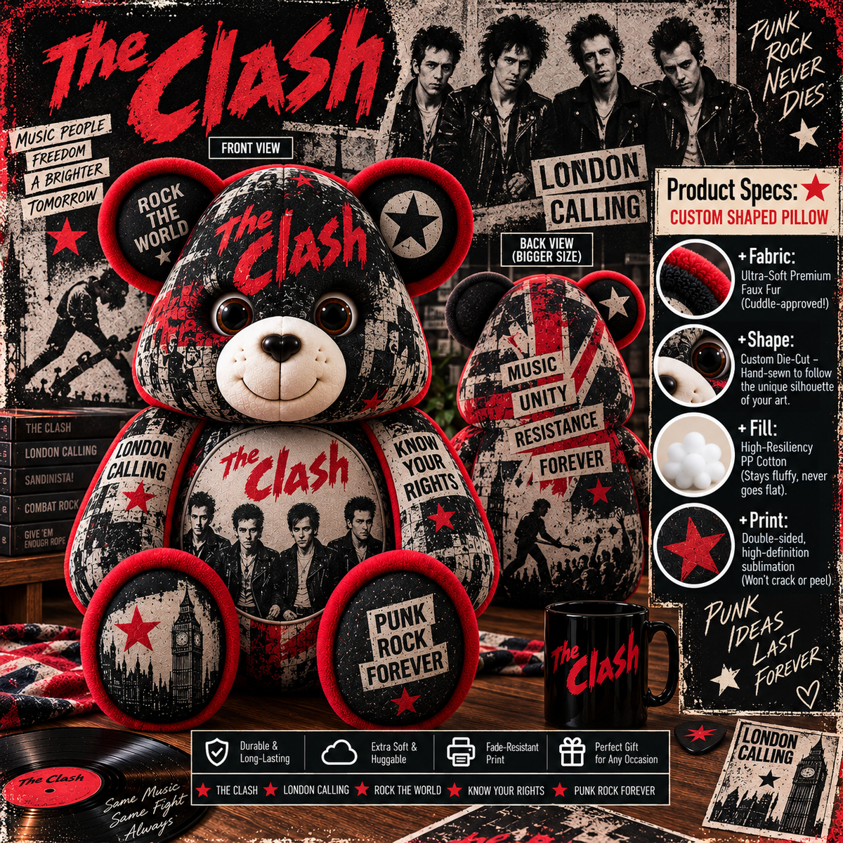 The Clash Bear Custom Shaped Pillow – London Calling Punk Rock Music Fan Gift