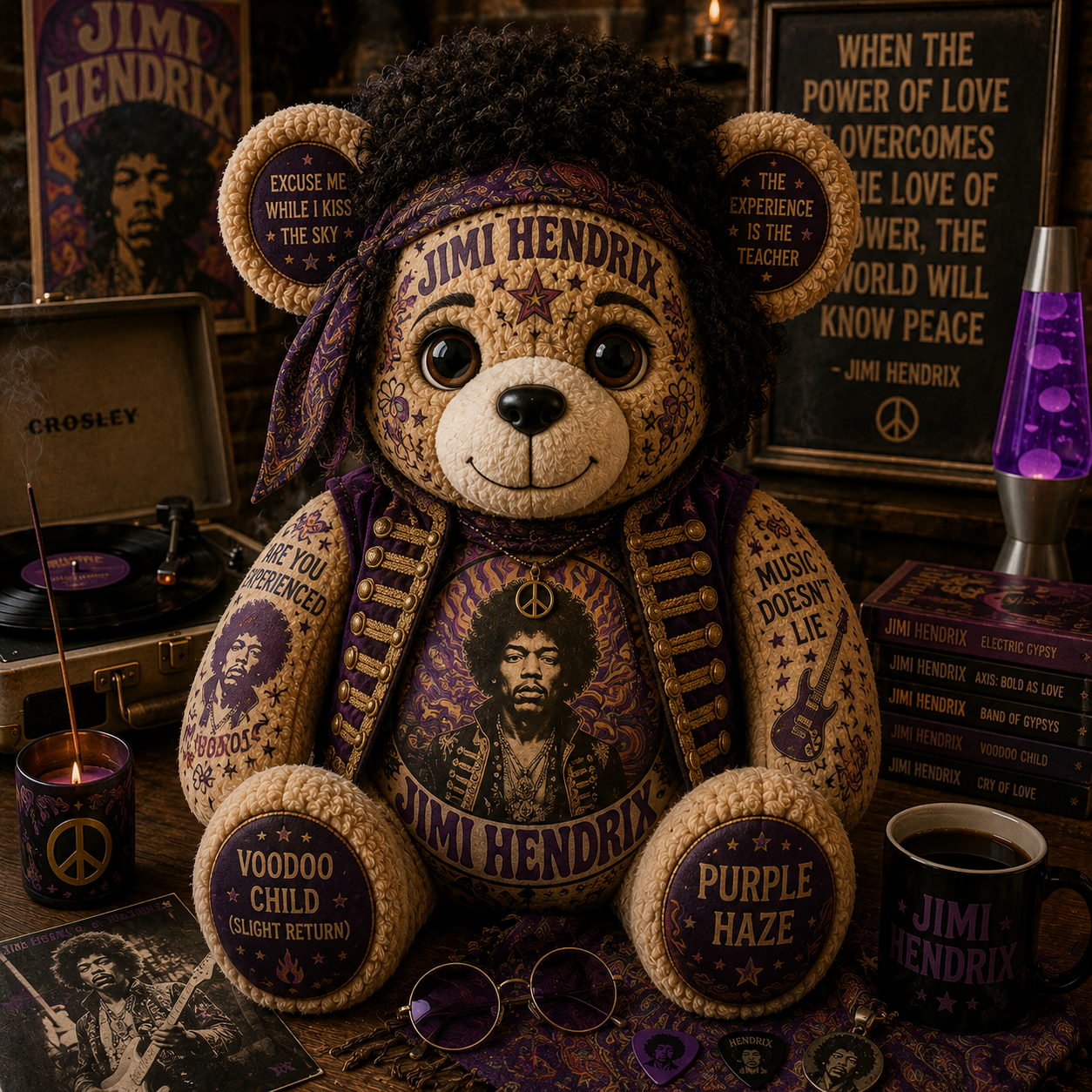 Jimi Hendrix Purple Haze Bear Custom Shaped Pillow – Psychedelic Rock Legend Music Lover Gift