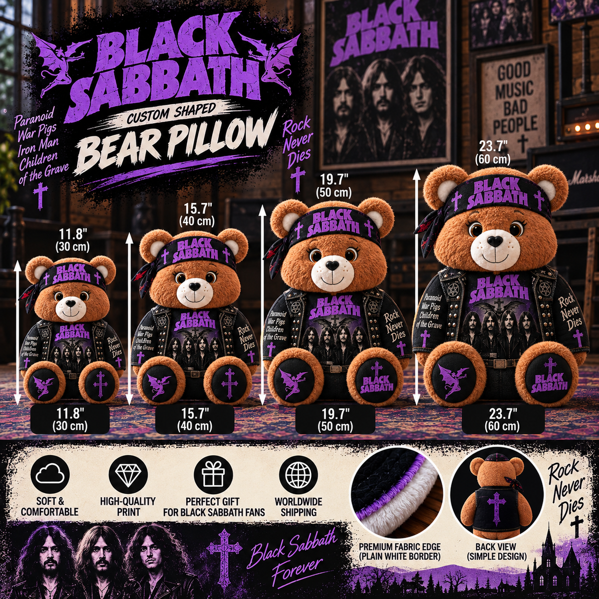 Black Sabbath Custom Shaped Bear Pillow – Heavy Metal Inspired Gift for Black Sabbath Fans