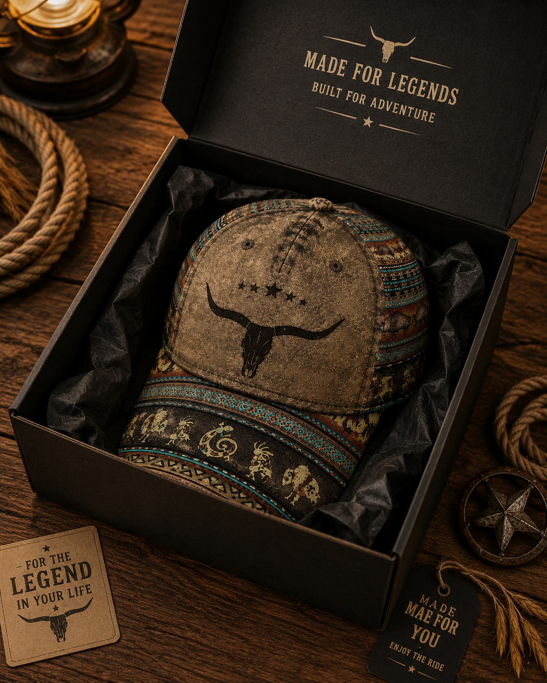Western Longhorn Cap – Southwestern Cowboy Tribal Hat, Rustic Ranch Gift