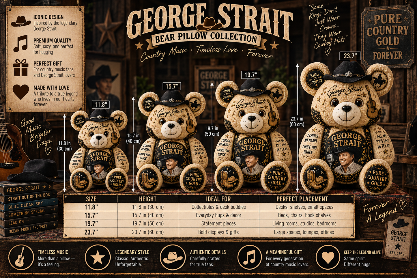 George Strait Bear Custom Shaped Pillow – King of Country, Pure Country Music Fan Gift
