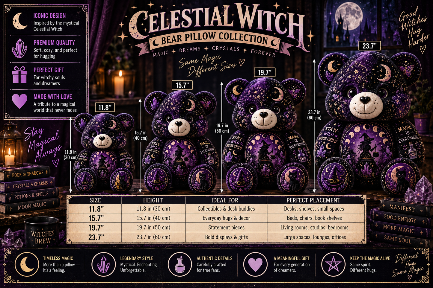 Celestial Witch Bear Custom Shaped Pillow – Moon Magic, Crystal & Black Cat Witchy Gift