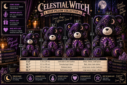 Celestial Witch Bear Custom Shaped Pillow – Moon Magic, Crystal & Black Cat Witchy Gift