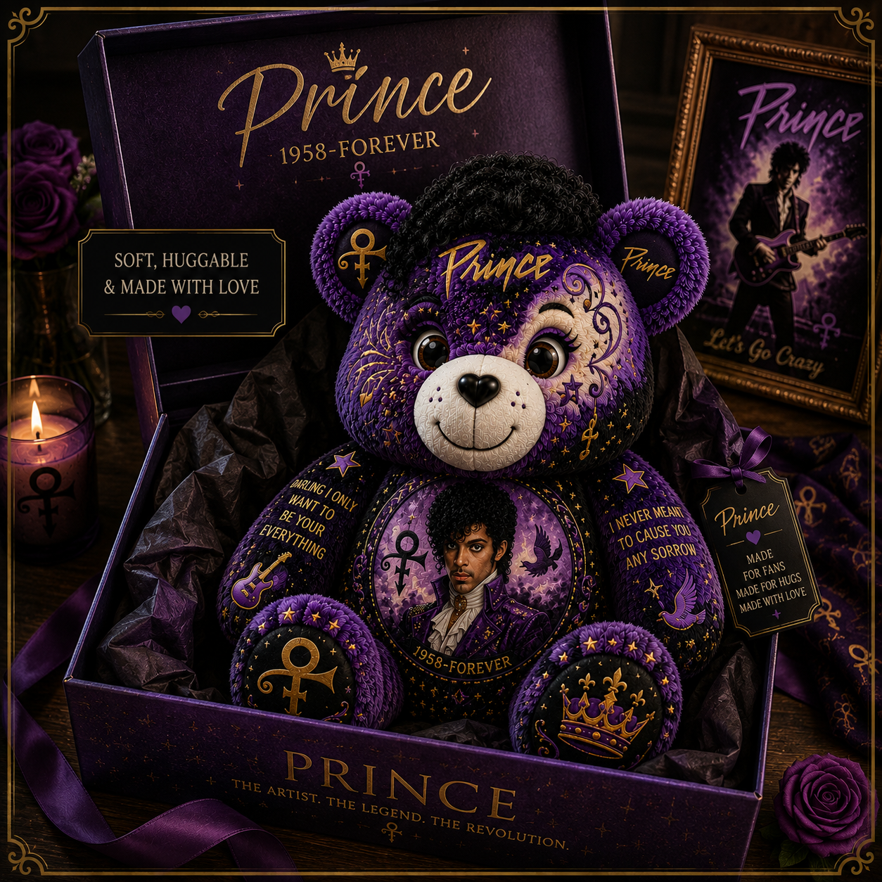 Prince Bear Custom Shaped Pillow – Gift for Prince Fans & Purple Rain Music Lovers