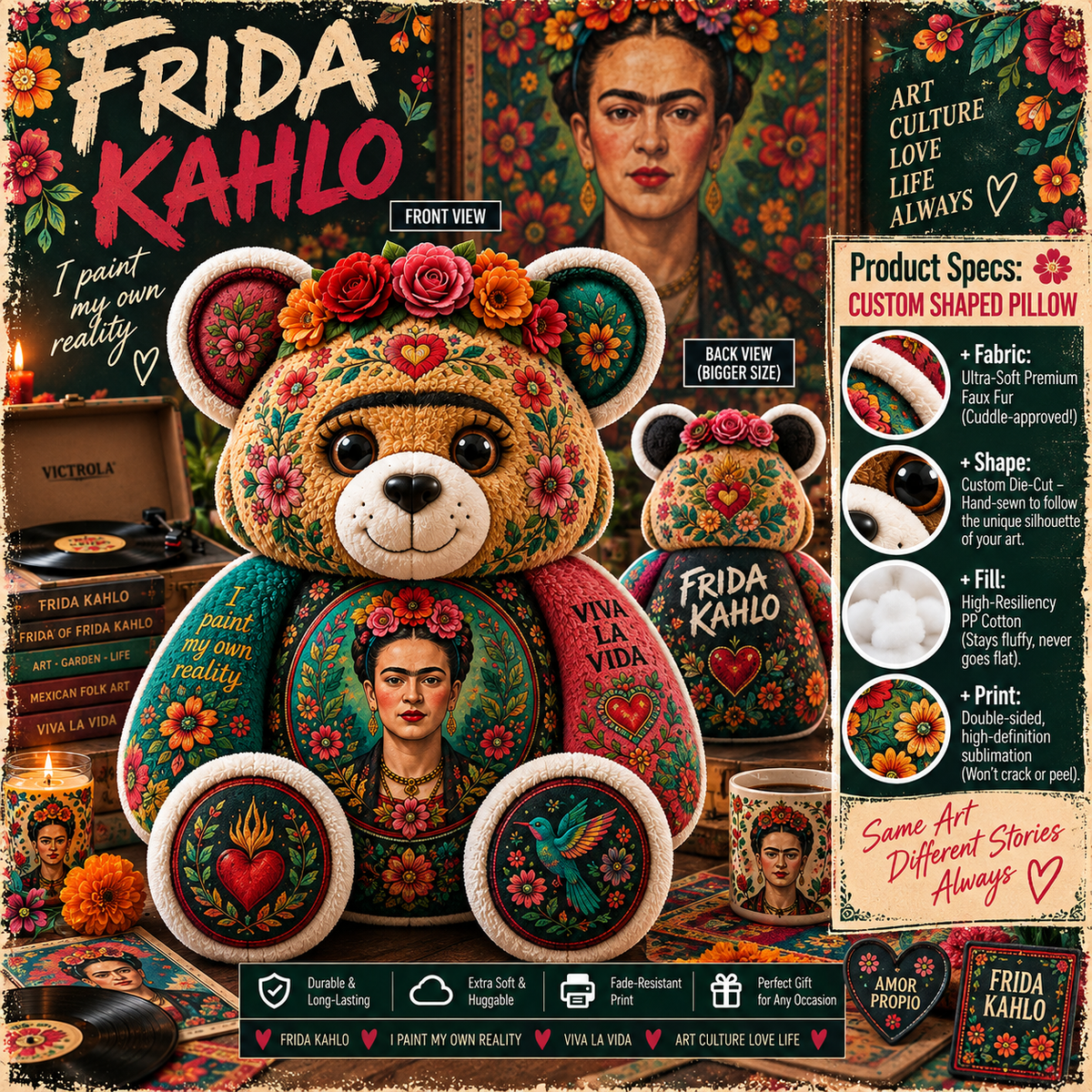 Frida Kahlo Custom Shaped Bear Pillow – Mexican Folk Art Inspired Gift for Art Lovers