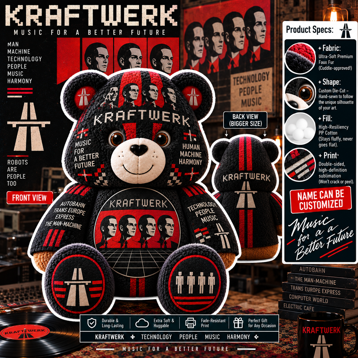 Kraftwerk Custom Shaped Bear Pillow – Electronic Music & Synth-Pop Inspired Gift for Kraftwerk Fans