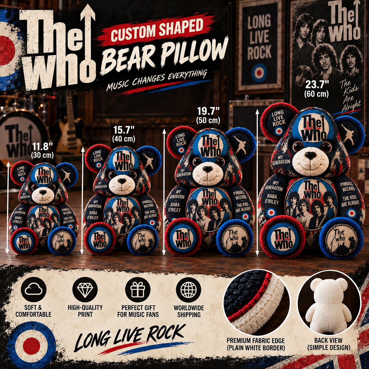 The Who Custom Shaped Bear Pillow – Classic Rock Music Inspired Gift for Fans 3