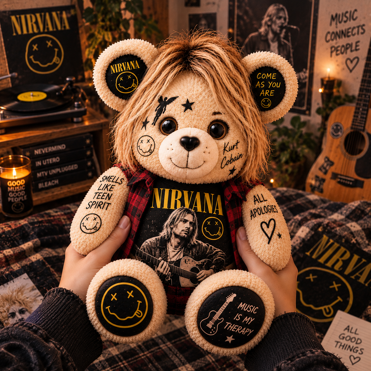 Nirvana Kurt Cobain Bear Custom Shaped Pillow – Smells Like Teen Spirit Grunge Music Fan Gift, 90s Rock Collectible