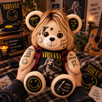 Nirvana Kurt Cobain Bear Custom Shaped Pillow – Smells Like Teen Spirit Grunge Music Fan Gift, 90s Rock Collectible