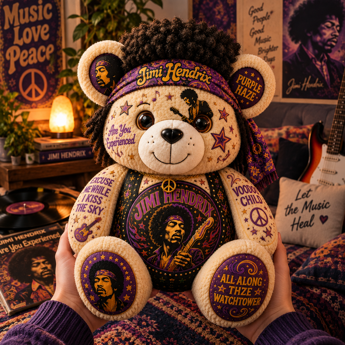 Jimi Hendrix Bear Custom Shaped Pillow – Purple Haze Rock Music Fan Gift