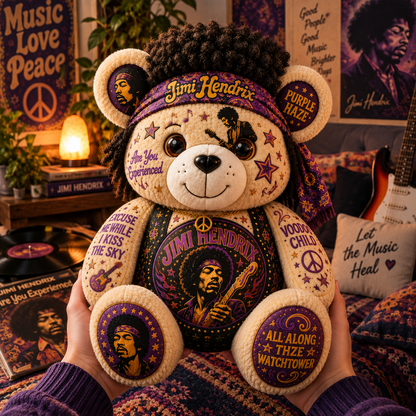 Jimi Hendrix Bear Custom Shaped Pillow – Purple Haze Rock Music Fan Gift