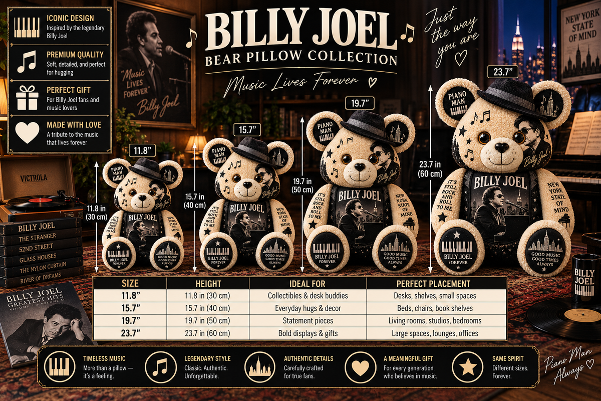 Billy Joel Piano Man Bear Custom Shaped Pillow – Music Legend Fan Gift, Classic Rock Collectible
