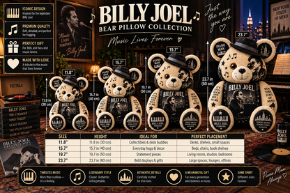 Billy Joel Piano Man Bear Custom Shaped Pillow – Music Legend Fan Gift, Classic Rock Collectible