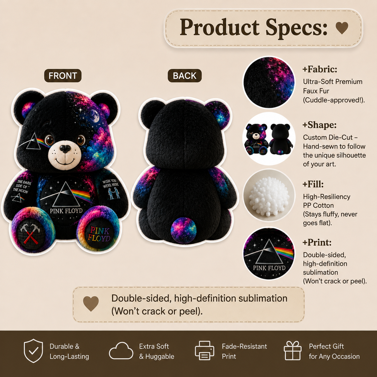 Pink Floyd Bear Custom Shaped Pillow – Gift for Pink Floyd Fans & Classic Rock Lovers