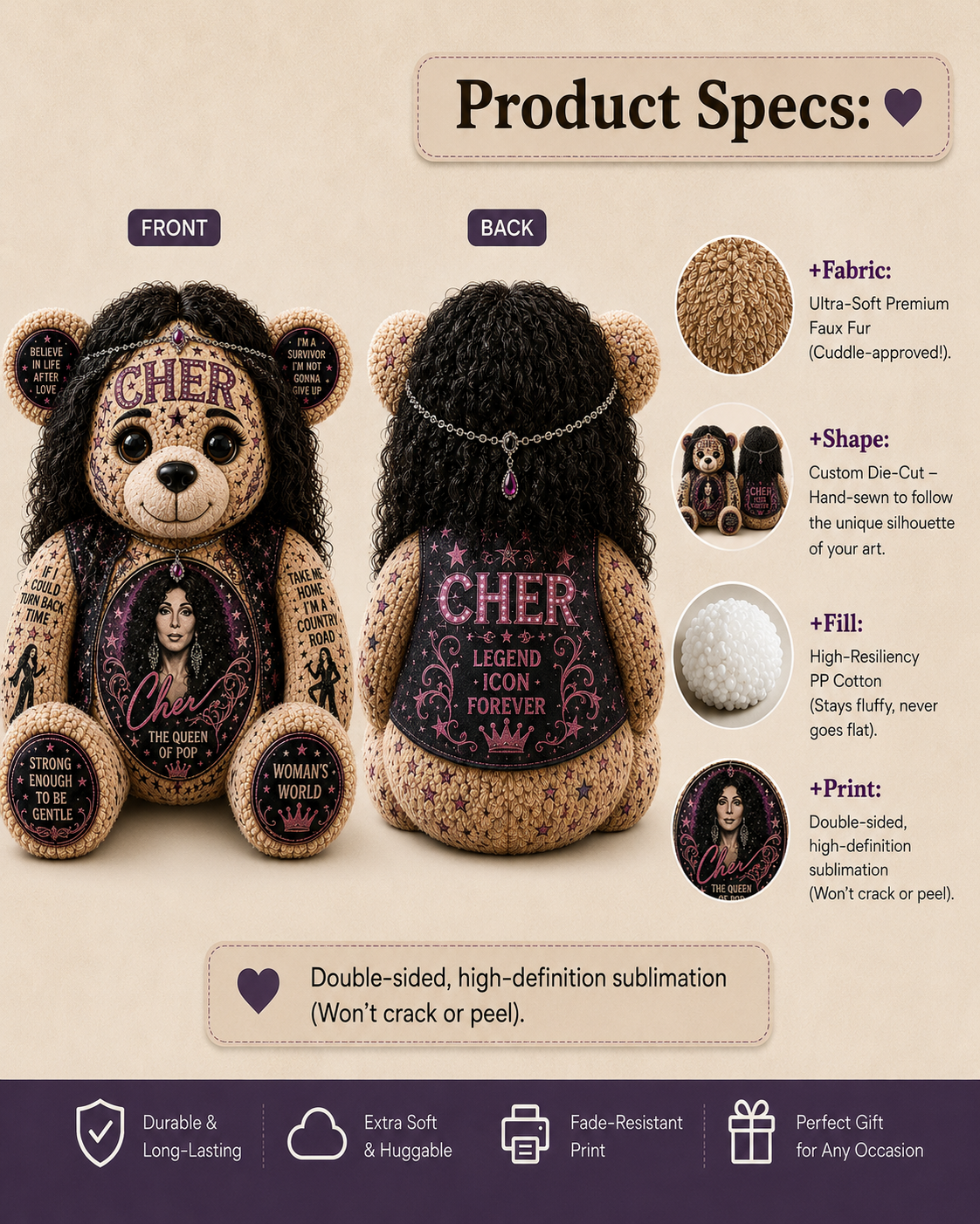 Cher Bear Custom Shaped Pillow – Gift for Classic Music Lover