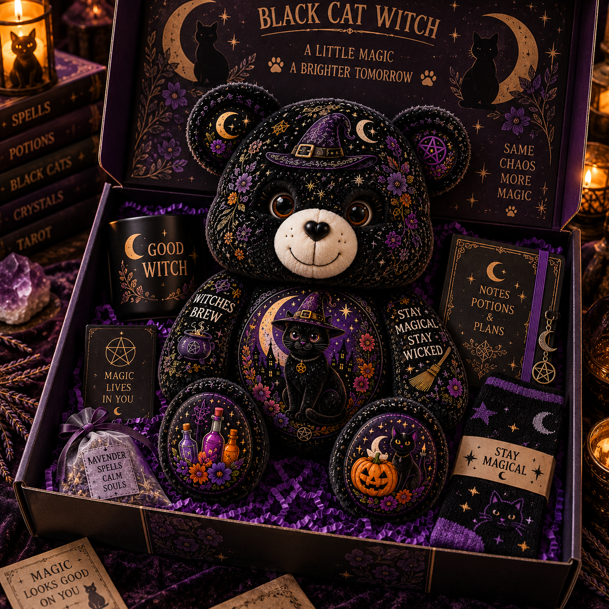 Black Cat Witch Bear Custom Shaped Pillow – Stay Magical, Stay Wicked Halloween Witchy Gift