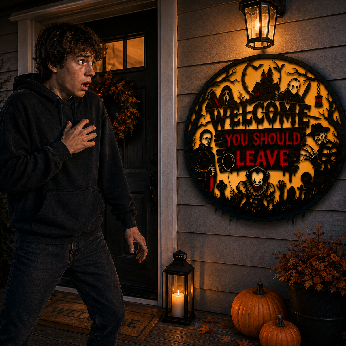 Welcome You Should Leave Horror Wall Sign – Halloween Horror Decor for Scary Movie Lovers