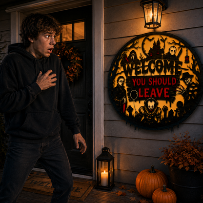 Welcome You Should Leave Horror Wall Sign – Halloween Horror Decor for Scary Movie Lovers