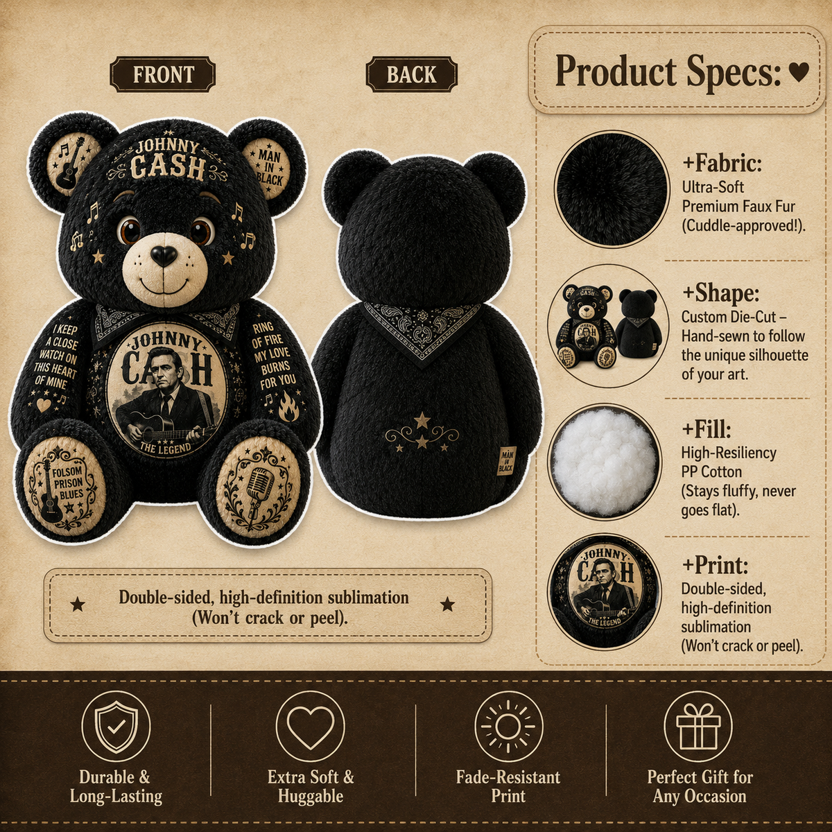 Johnny Cash Man in Black Bear Custom Shaped Pillow – Country Music Legend Gift