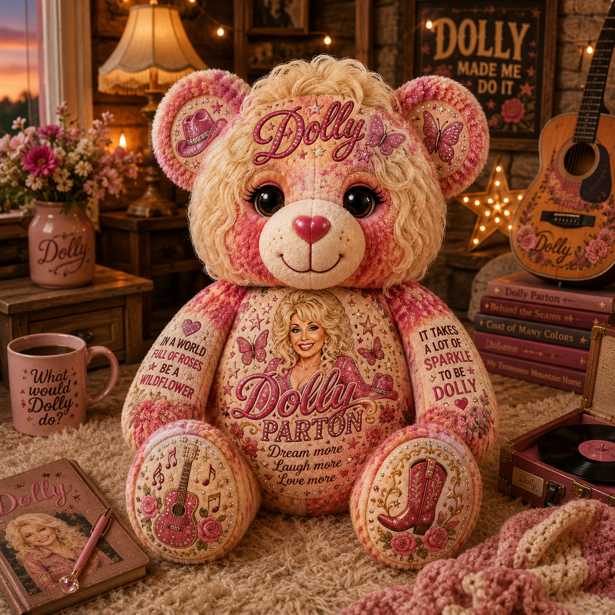 Dolly Parton Bear Pillow, Country Music Lover Gift, Dolly Inspired Teddy Bear, Gift for Women, Mom & Grandma