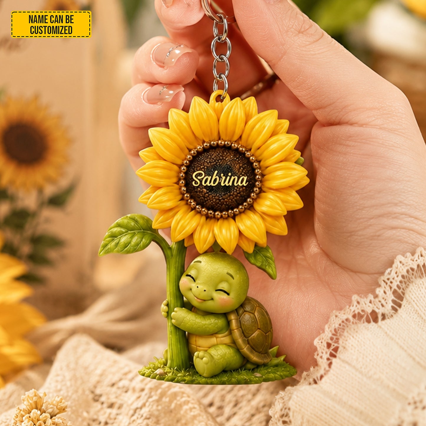 Sunflower Turtle Charm – Personalized Turtle Keychain