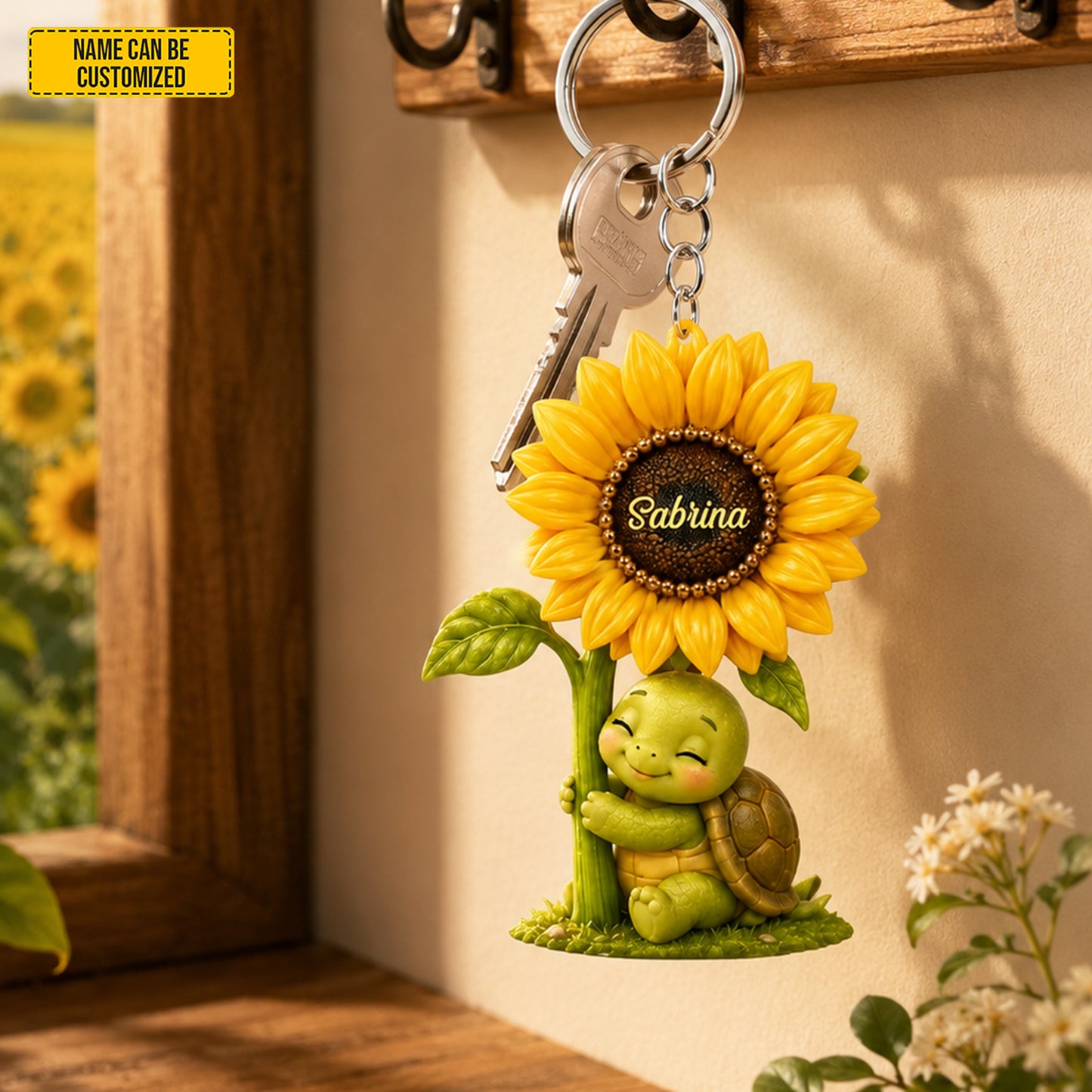Sunflower Turtle Charm – Personalized Turtle Keychain