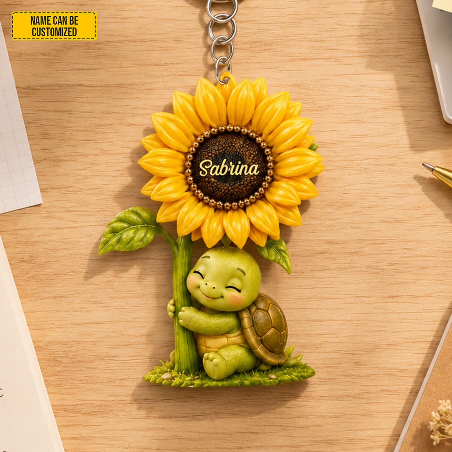Sunflower Turtle Charm – Personalized Turtle Keychain